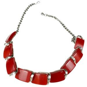 Red Thermoset Lucite and Silver Tone Linked Choker Necklace